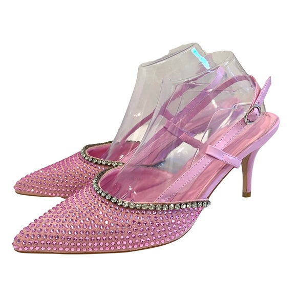 Azelea Wang Sorrel-Pink Rhinestone Slingback Kitten Heeled Pumps Size 10 - Picture 5 of 14